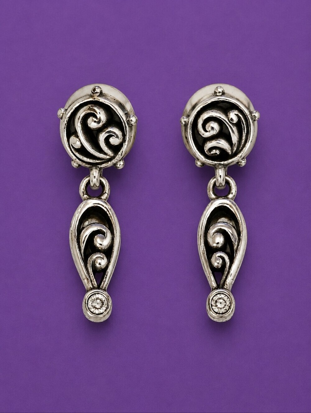 BRIGHTON Silver Crystal Swirl Dangle Drop Earrings